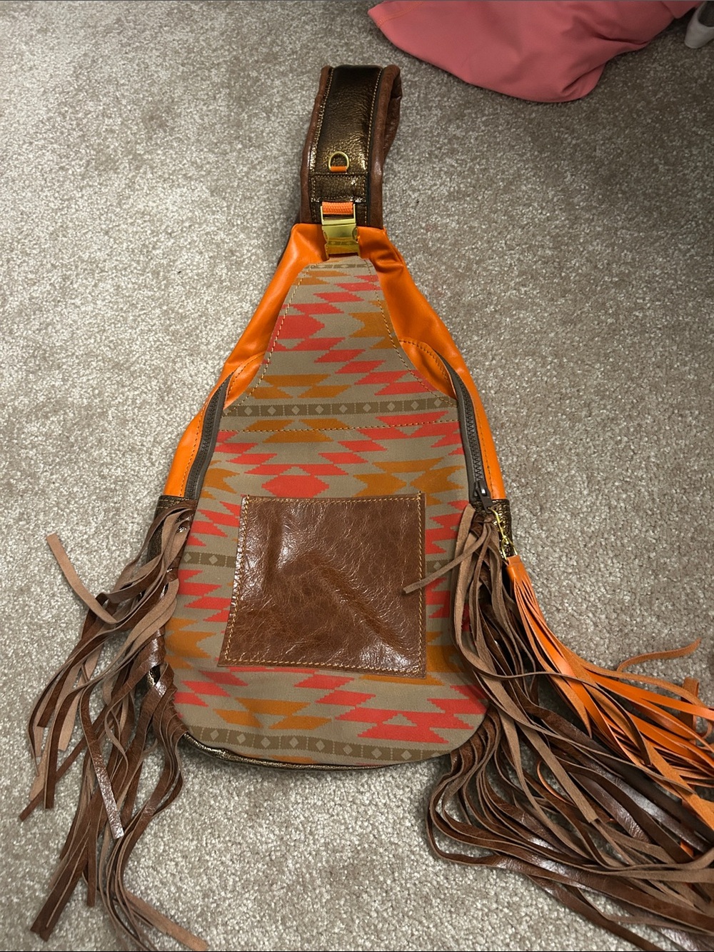 Boho Aztec Fringe Crossbody Sling Bag in Orange & Brown